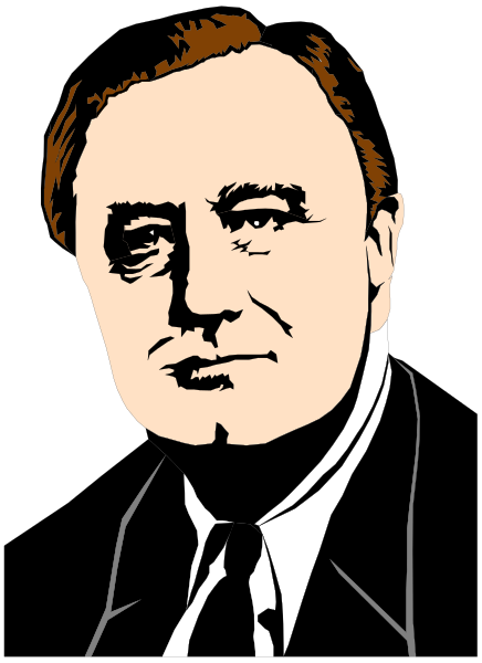 The black and white illustration features a man with red hair wearing glasses, dressed formally in a suit jacket over a shirt collar, standing against an indistinct background; he is looking directly at the viewer without smiling.