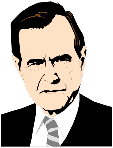 The image shows a black and white caricature of an older man with gray hair wearing glasses, dressed formally in a suit jacket over a striped shirt, standing against a dark background; he is looking directly at the viewer without smiling.