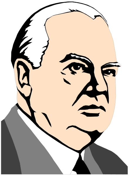 The black and white illustration shows a man's face with gray hair against a dark background; he is wearing glasses and has a serious expression on his face.