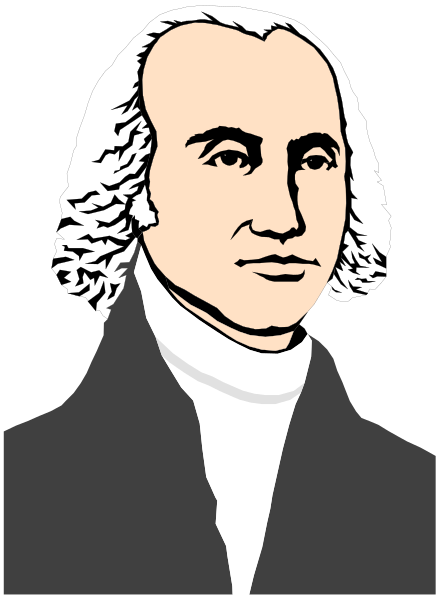 The black and white illustration features a caricature of George Washington with his signature haircut and attire; he is depicted in profile facing to the right against a dark background.