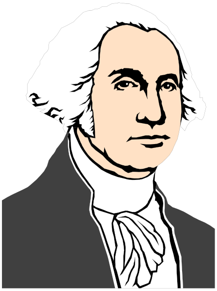 The black and white illustration features a caricature of George Washington with his signature hairstyle, wearing a suit coat without buttons visible on it, set against an unadorned background that does not provide any additional context about location or time period.