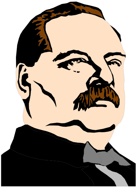 The black and white illustration features a man with mustache looking to his right side of frame; he is wearing formal attire including suit jacket without tie, shirt collar showing slightly above vest line, bowler hat on head, and has dark hair parted in middle section.