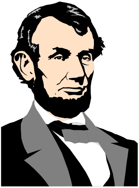 The black and white silhouette of Abraham Lincoln's head on a gray background with his signature beard and suit details visible in grayscale tones.