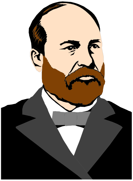 The image shows a black and white illustration of an older man with facial hair wearing formal attire; he is depicted in profile view against a dark background.