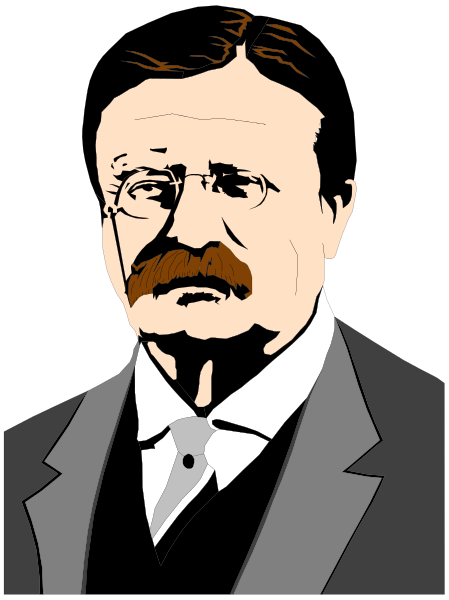 The image shows a black and white illustration of an older man with mustache wearing glasses, suit jacket, tie, vest, and pants; he is standing in front of what appears to be a podium on stage.