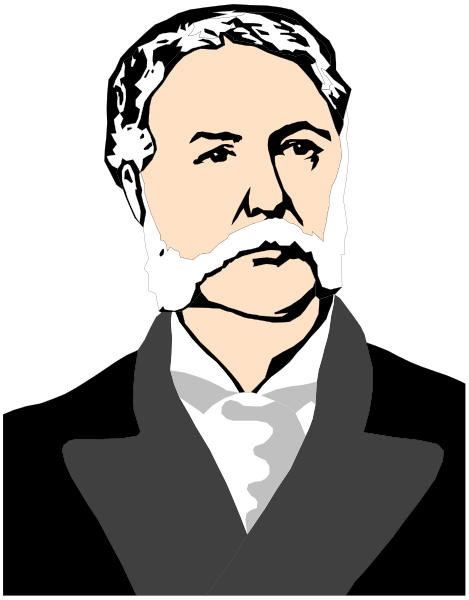 The image shows a black and white illustration of an older man with facial hair wearing formal attire; he is depicted in profile facing to his right against a dark background.