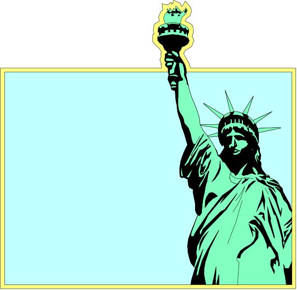 The image shows a stylized illustration of an iconic statue holding up a torch with its right hand while standing on top of what appears to be a pedestal against a plain blue background.