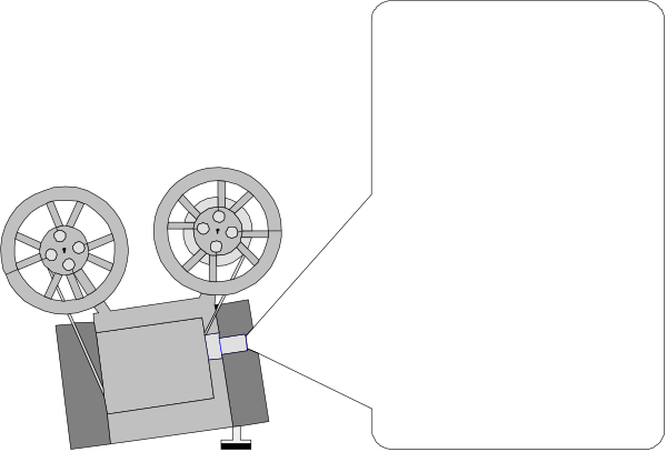 The black and white cartoon shows a train with wheels on tracks moving towards an open door of what appears to be a building in front of it.