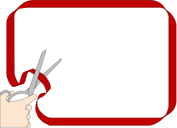 The image shows a red ribbon with scissors cutting it on either side of an open box that has no visible contents inside.