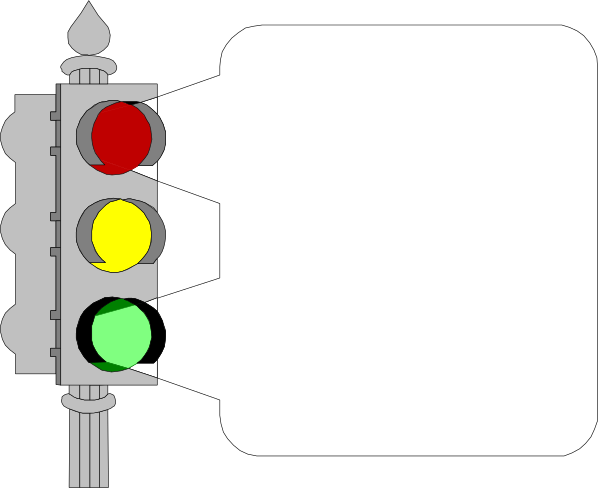 The image shows a traffic light with three lights: red on top left, yellow at bottom right, green below it, all set against black background.