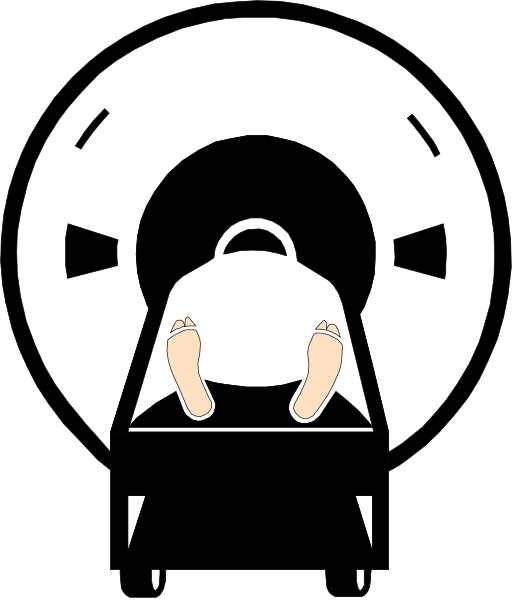The black and white illustration shows a person sitting on top of an x-ray machine with their feet up against it as if resting in its opening; there is no background detail provided to give context about location, time, etc., so those details cannot be described accurately based solely on the image content.
