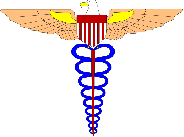 The image shows a stylized graphic of an eagle's head with wings on either side, superimposed over what appears to be medical symbols such as a snake coiled around a staff (rod) and two crossed swords behind it; there is also a red cross in the background.