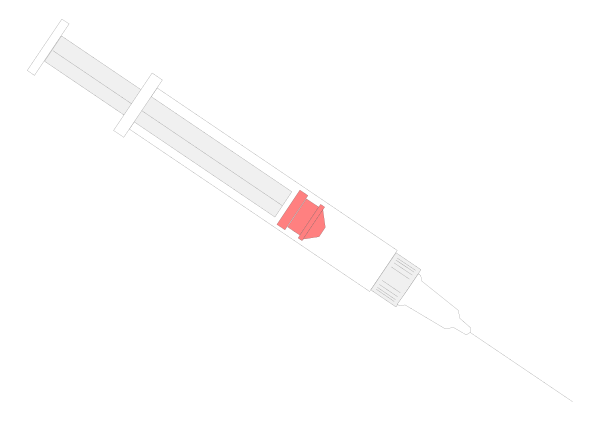 The image shows a syringe with an attached needle pointing towards it on what appears to be a black background.