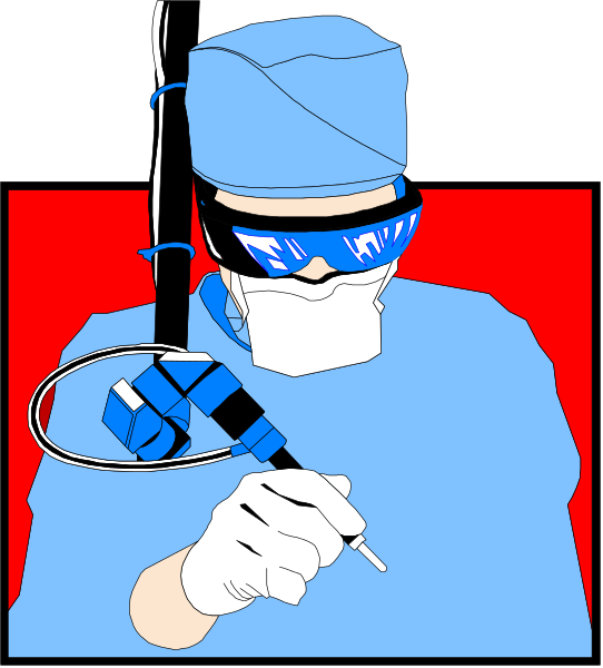 The image shows a cartoon of an individual wearing medical scrubs with goggles on their head holding what appears to be surgical equipment in one hand while looking at something else that is out of frame.