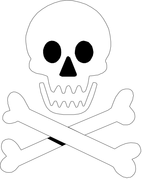 The image shows a black skull with white bones crossed behind it on top of what appears to be an anchor symbol.