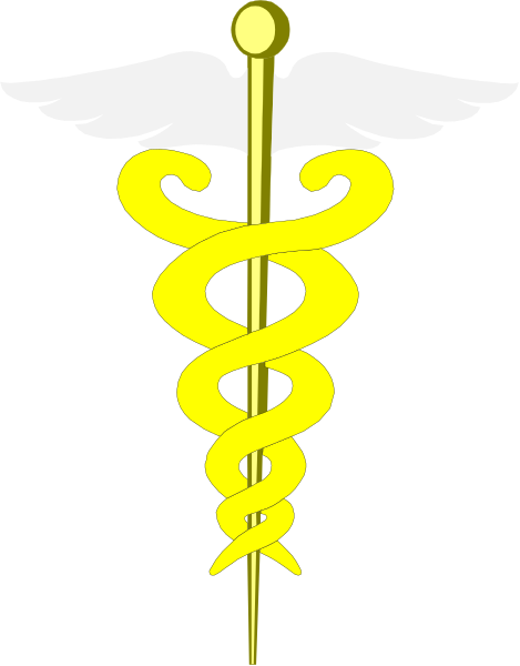 The image shows a stylized depiction of an ambulance with medical cross symbol on top, featuring yellow coloring for its design elements such as snake staffs around it.