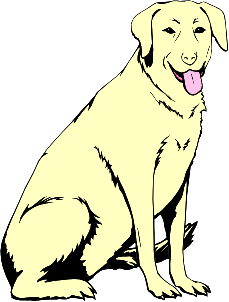 The black and white illustration shows a dog sitting on its hind legs with an open mouth, looking to the left of the frame.