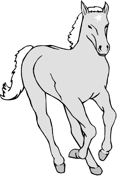 The black and white silhouette of a horse galloping to its right with a rider on top.