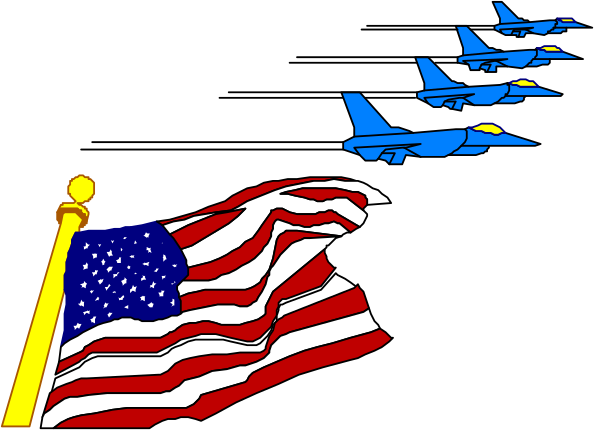 The image shows a collection of fighter jets flying over an American flag with stars visible on it against a dark background.