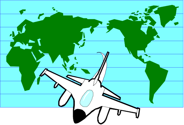 The image shows a cartoon of an airplane flying over a world map with continents labeled "Europe," "Asia," etc., indicating global travel; there is also a ruler on top left corner, suggesting scale and measurement contexts for viewers to understand distances between places in the illustration.