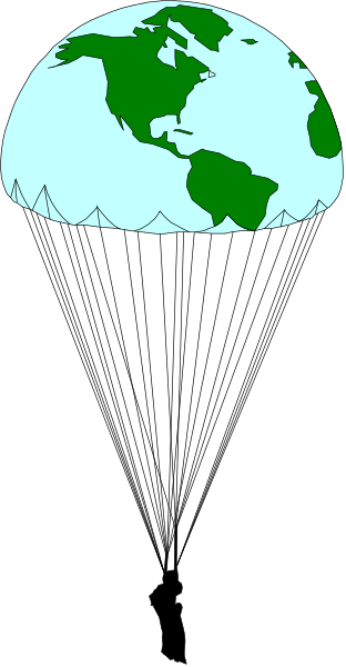 The image shows a stylized depiction of Earth with landmasses visible from space on top half against black background; bottom half features an umbrella in profile view overlaid by transparent layer showing continents, suggesting environmental theme
