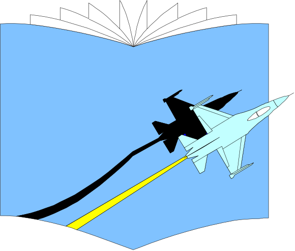 The image shows a fighter jet flying over an open book with pages fluttering upwards as if blown by wind; there is no text present in this clip-art illustration.