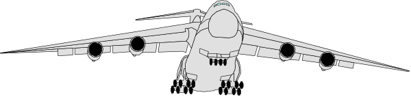 The image shows a large airplane on an airport runway with its landing gear down against a gray sky background.