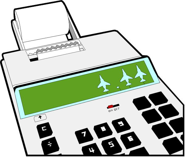 The image shows a calculator with four fighter jets displayed on its screen above an office desk where there is also a computer mouse to the right of it.