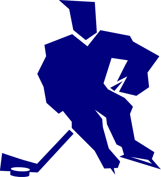 The image shows a blue silhouette of an ice hockey player on skates with his arms outstretched to either side in front of him, wearing what appears to be protective gear including helmet, gloves, shin guards and pads; he is depicted against a black background that suggests the rink.