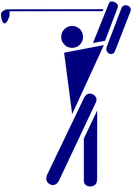 The image shows a blue silhouette of an athlete holding golf clubs on top of their head while standing next to what appears to be a flagpole with flags flying from it against a gray background.