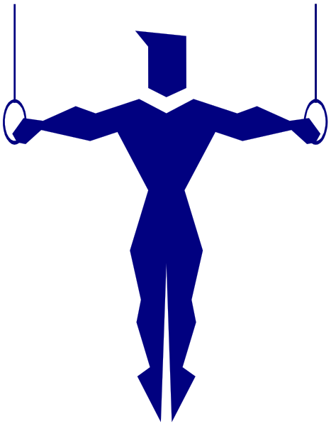 The image shows a blue silhouette of an athlete with muscular physique holding two poles upright against each other in front of them on what appears to be a black background.