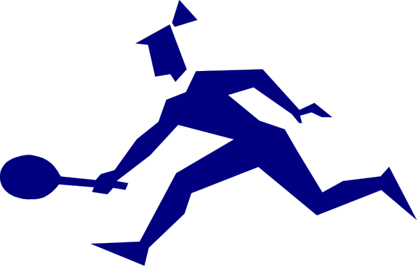 The image shows a blue silhouette of an athlete playing tennis on what appears to be a court with white lines marking boundaries; there is no text present in this clip-art illustration.