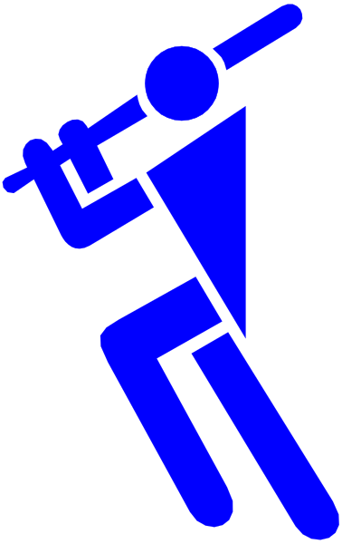 The image shows a blue silhouette of an ice skater performing a trick with their arms outstretched against a white background.