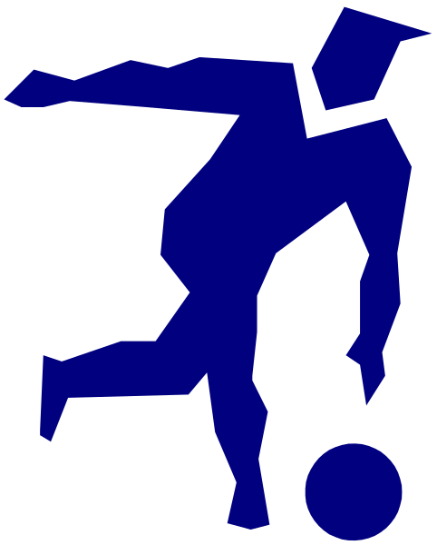 The image shows a blue silhouette of an athlete playing soccer with a ball on what appears to be a court surface.