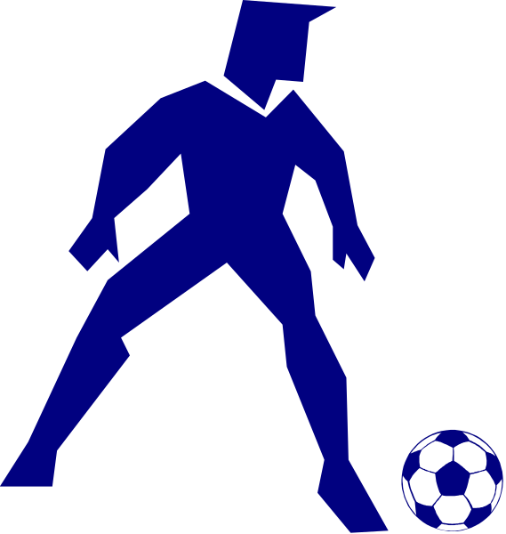 The image shows a blue silhouette of an athlete playing soccer with two sports balls on either side; there is no text present in this clip-art illustration.