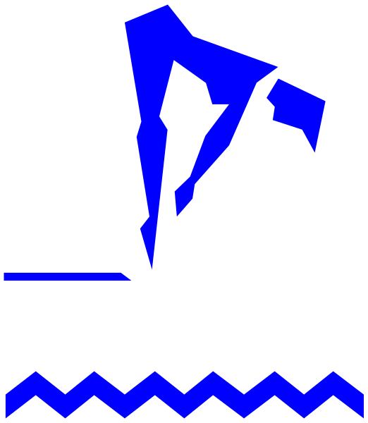 The image shows a blue abstract design with geometric shapes that resemble an ice cream cone on top of what appears to be waves in shades of gray and black at the bottom.