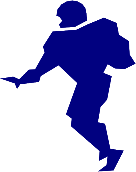 The image shows a blue silhouette of an athlete running with their arms outstretched against a black background.