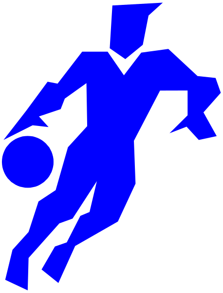 The image shows a blue silhouette of an athlete running with what appears to be a basketball under their arm on a gray background.