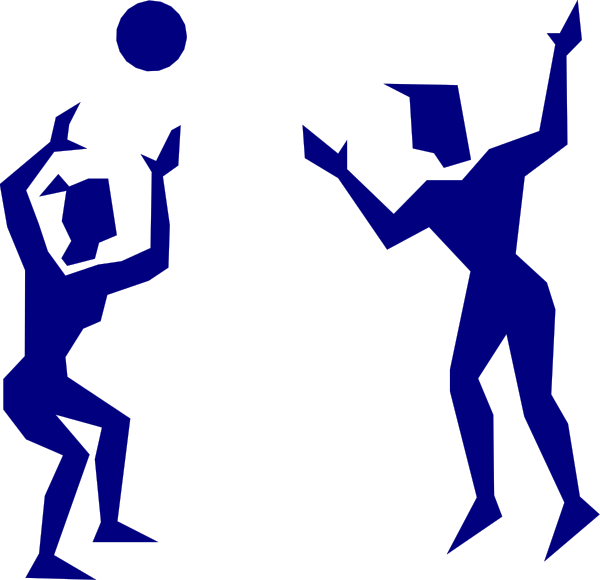 The image shows a black silhouette of three figures engaged in different activities: on the left is an individual holding what appears to be a ball; at center there's another figure with their arms raised as if dancing, and on the right side stands one more person who seems to have just thrown or hit something. They are all depicted against a dark background which contrasts sharply with them due to its silhouette style.