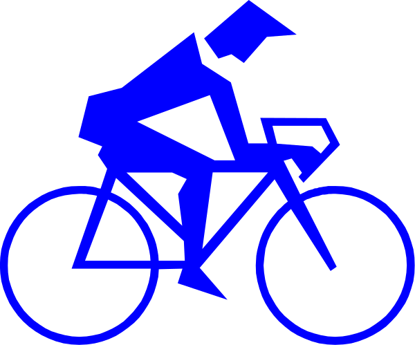 The image shows a blue silhouette of an adult riding a bicycle with two wheels visible on either side; there is also another smaller bike in front of it that appears to be stationary.