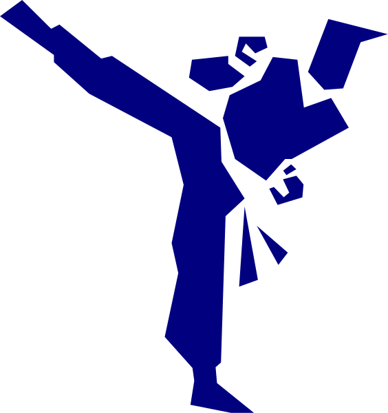 The image shows a blue silhouette of an individual performing martial arts moves against a black background with white text at bottom right corner that reads "Karate".