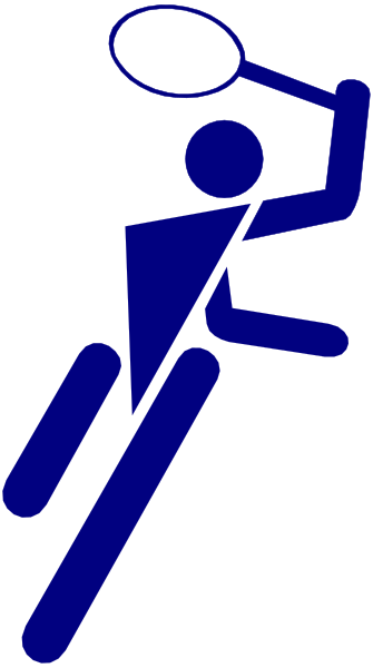 The image shows a blue silhouette of an athlete holding two tennis rackets on either side while jumping over what appears to be a hurdle in mid-air against a black background with white stripes at top and bottom, suggesting motion blur from movement during jump.