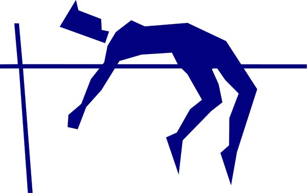 The image shows a blue silhouette of an athlete running on what appears to be a track with lane markers in white lines against a dark background.