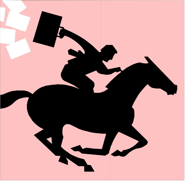 The image shows a black silhouette of an individual riding on top of a horse with two front legs raised as if galloping forward against a pink background.