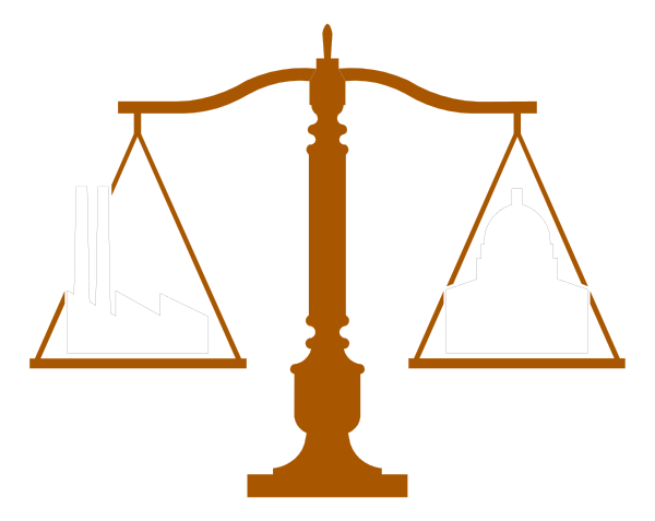 The image shows a black and white illustration of an unbalanced scale with two sides representing different concepts: on the left side is a factory emitting smoke; on the right side stands a building labeled "Congress."