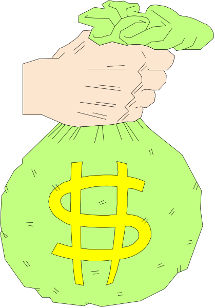 The illustration shows a hand holding an envelope with money inside it overlaid on top of another bag filled with more cash; both bags have dollar signs visible through them.