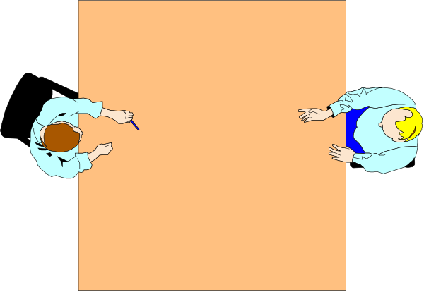 The image shows two cartoon characters standing on a black floor with their hands outstretched towards each other against an orange background; there is no text present in this clip-art illustration.