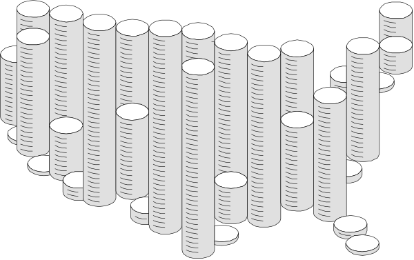 The image shows a black and white illustration of an abstract design with numerous vertical lines that resemble columns forming what appears to be a patterned structure against a dark background.