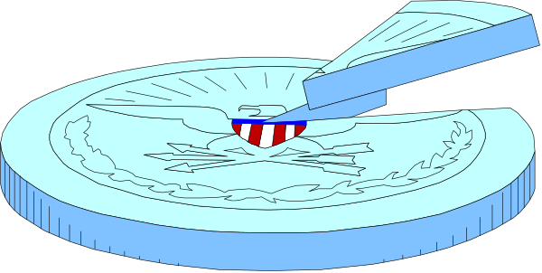 The image shows a blue circular object with an American flag design on it being cut by scissors into two pieces.