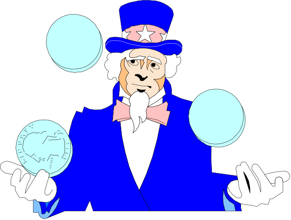 The image shows a cartoon of Uncle Sam holding three planets with his hands while standing on top of them; he is dressed in traditional American flag attire including stars-and-stripes suit and bow tie, and has white hair.